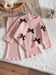 SHEIN 2件組幼女甜美粉黑蝴蝶結羅紋荷葉邊長袖小立領修身褲套裝，派對款秋冬節日芭蕾不對稱設計 - 粉色 - 查看 3
