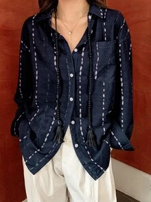 EMERY ROSE Kemeja Linen Kasual Nyaman untuk Wanita dengan Motif Cetak - Navy Blue - View 6