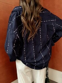 EMERY ROSE Kemeja Linen Kasual Nyaman untuk Wanita dengan Motif Cetak - Navy Blue - View 2