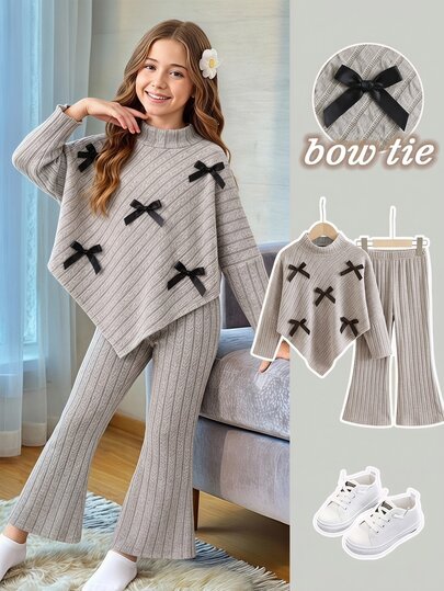 Elladie kids Tween Girl Bow Decor High Neck Cape Knit Set Ribbed Sweater Shawl Top Flare Pants Autumn Winter Stylish Two Pieces Outfit