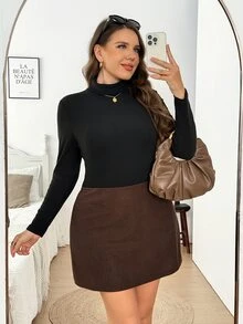 Easowa Curve Plus Size Casual Solid Color Skirt, Autumn/Winter - Brown - View 4