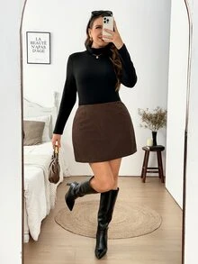 Easowa Curve Plus Size Casual Solid Color Skirt, Autumn/Winter - Brown - View 3