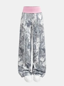 SHEIN 青少年女孩休閒極簡復古迷彩粉色拼接百搭日常長褲 - 彩色 - 查看 4