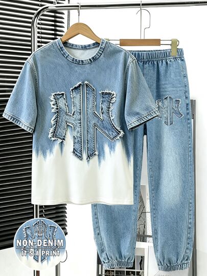 SHEIN Vintage Effect Slogan Print Blue And White Gradient Colorblock Minimalist Casual Comfortable Crew Neck T-Shirt With Jogger Pants,School Clothes