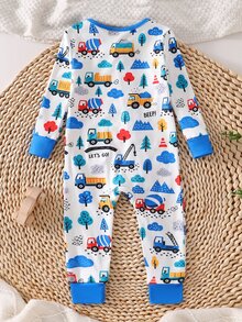 Baby Boys White Base Car & Traffic Theme Colorful Graffiti Digital Print Fitted Long Sleeve Long Jumpsuit With Double Zipper - Multicolor - View 2