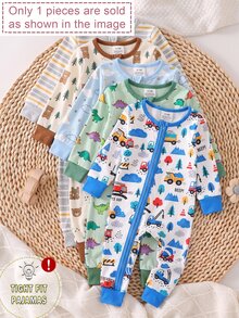 Baby Boys White Base Car & Traffic Theme Colorful Graffiti Digital Print Fitted Long Sleeve Long Jumpsuit With Double Zipper - Multicolor - View 6
