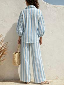 Breezaya Women's Striped Lantern Sleeve Zipper Front Top And Long Pants Casual 2 Pieces Set - Multicolor - View 2