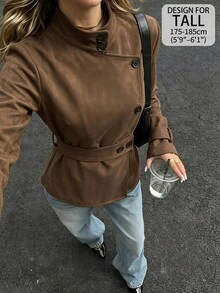 SHEIN Tall Women's Tall-Fit Brown Turtleneck Long-Sleeve Trench Coat (Sophisticated Workwear Style) - Brown - View 1
