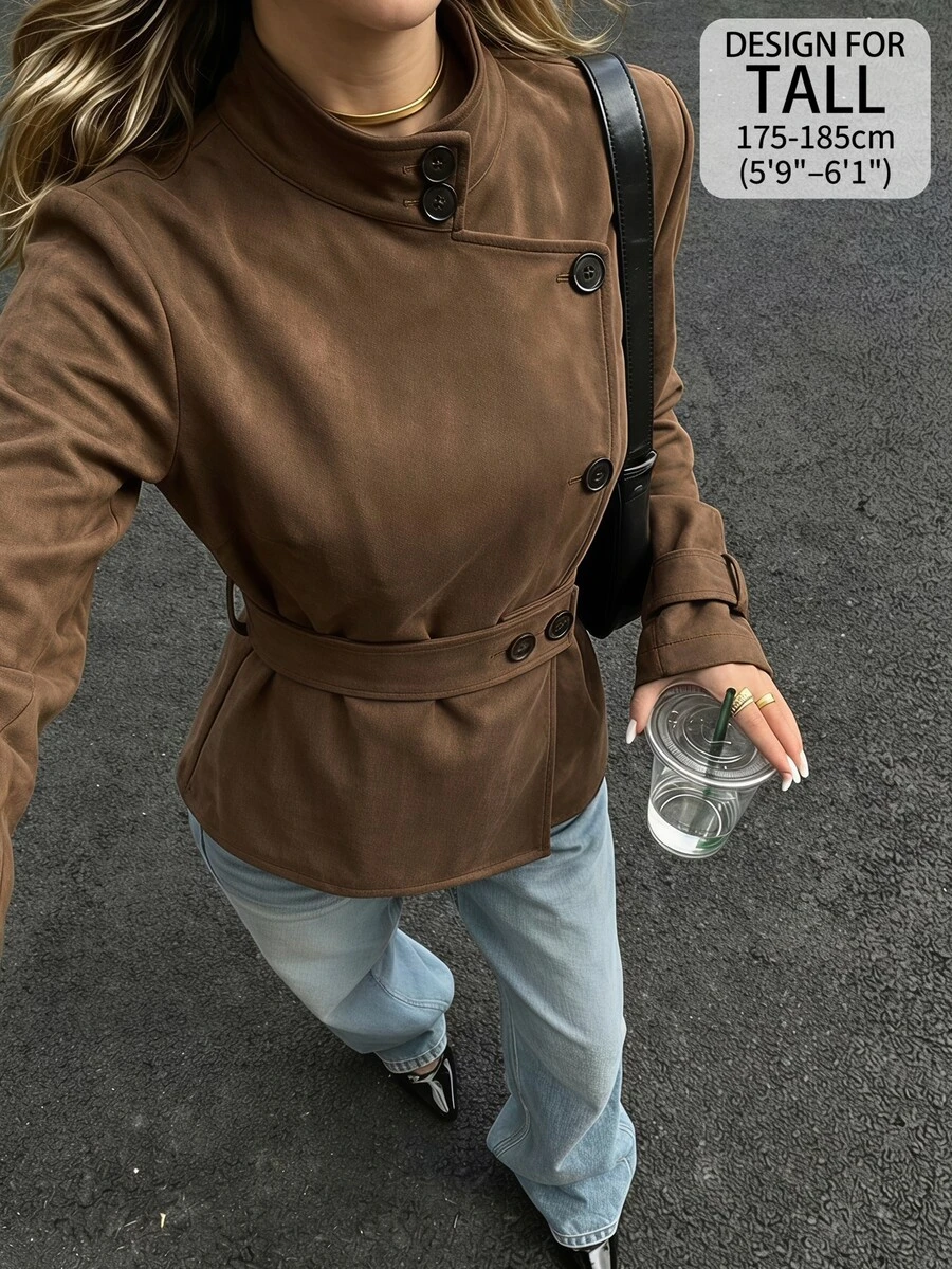 SHEIN Tall Women's Tall-Fit Brown Turtleneck Long-Sleeve Trench Coat (Sophisticated Workwear Style) - Brown - View 1