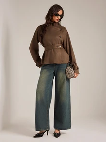 SHEIN Tall Women's Tall-Fit Brown Turtleneck Long-Sleeve Trench Coat (Sophisticated Workwear Style) - Brown - View 3