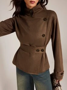 SHEIN Tall Women's Tall-Fit Brown Turtleneck Long-Sleeve Trench Coat (Sophisticated Workwear Style) - Brown - View 6