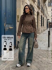 SHEIN Tall Women's Tall-Fit Brown Turtleneck Long-Sleeve Trench Coat (Sophisticated Workwear Style) - Brown - View 5