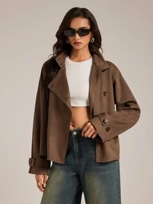 SHEIN Tall Women's Tall-Fit Brown Turtleneck Long-Sleeve Trench Coat (Sophisticated Workwear Style) - Brown - View 4
