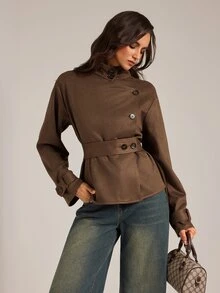 SHEIN Tall Women's Tall-Fit Brown Turtleneck Long-Sleeve Trench Coat (Sophisticated Workwear Style) - Brown - View 7