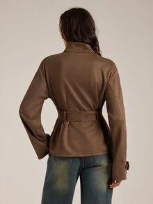 SHEIN Tall Women's Tall-Fit Brown Turtleneck Long-Sleeve Trench Coat (Sophisticated Workwear Style) - Brown - View 2