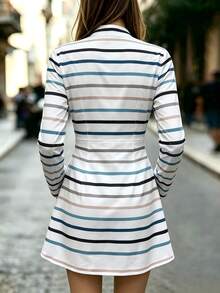 SHEIN LUNE Pink And White Striped Stripe Notched Neck Hidden Pocket Dress Brunch Office Fall Casual French Elegant - Multicolor - View 2