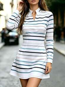 SHEIN LUNE Pink And White Striped Stripe Notched Neck Hidden Pocket Dress Brunch Office Fall Casual French Elegant - Multicolor - View 3