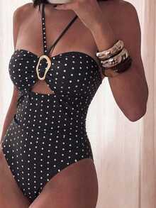 Costavie 2026 Spring/Summer Black Background White Polka Dot Spaghetti Strap Gold Asymmetric Decor One-Piece Swimsuit - Multicolor - View 2