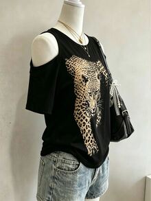 Lalippa 新款露肩豹纹休闲性感百搭常规女式上衣 - 黑色 - 查看 5