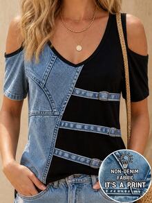 EMERY ROSE Casual Street Wear Fashion Faux Denim Colorblock Patchwork Suitable For Daily Vacation Travel And Party Wear Women's Off-Shoulder T-Shirt Black Summer - Blue - View 3