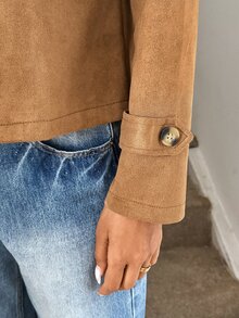 Easowa Waterfall Collar Zip Up Moto Jacket Office Brown Autumn Casual - Khaki - View 8