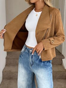 Easowa Waterfall Collar Zip Up Moto Jacket Office Brown Autumn Casual - Khaki - View 4