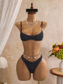 SHEIN Swim Springbreak 女款兩件式比基尼套裝，碎花多色隨機印花，荷葉邊肩帶，性感時尚沙灘裝 - 黑色 - 查看 3