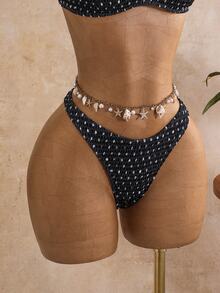 SHEIN Swim Springbreak 女款兩件式比基尼套裝，碎花多色隨機印花，荷葉邊肩帶，性感時尚沙灘裝 - 黑色 - 查看 6