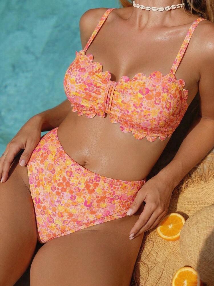 SHEIN Swim Plus Size 2026 Spring/Summer Hot-Selling New Fresh Ribbed Digital Print Sexy Bikini 2 Pieces Swimwear With Removable Padded Cups, Detachable Adjustable Straps, Bandeau Top With Petal Accessory, Traditional Slimming High-Waist Triangle Bottoms - Orange - View 4