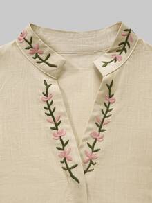 SHEIN Holidaya Women's Floral Embroidered Notch V-Neck Long Sleeve Blouse - Khaki - View 3