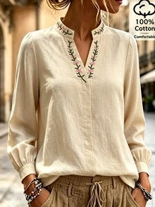 SHEIN Holidaya Women's Floral Embroidered Notch V-Neck Long Sleeve Blouse - Khaki - View 5