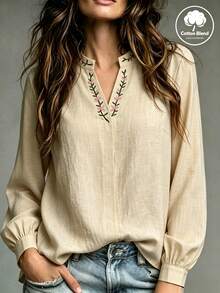 SHEIN Holidaya Women's Floral Embroidered Notch V-Neck Long Sleeve Blouse - Khaki - View 1