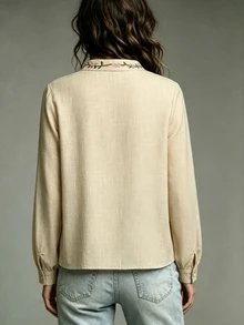 SHEIN Holidaya Women's Floral Embroidered Notch V-Neck Long Sleeve Blouse - Khaki - View 2