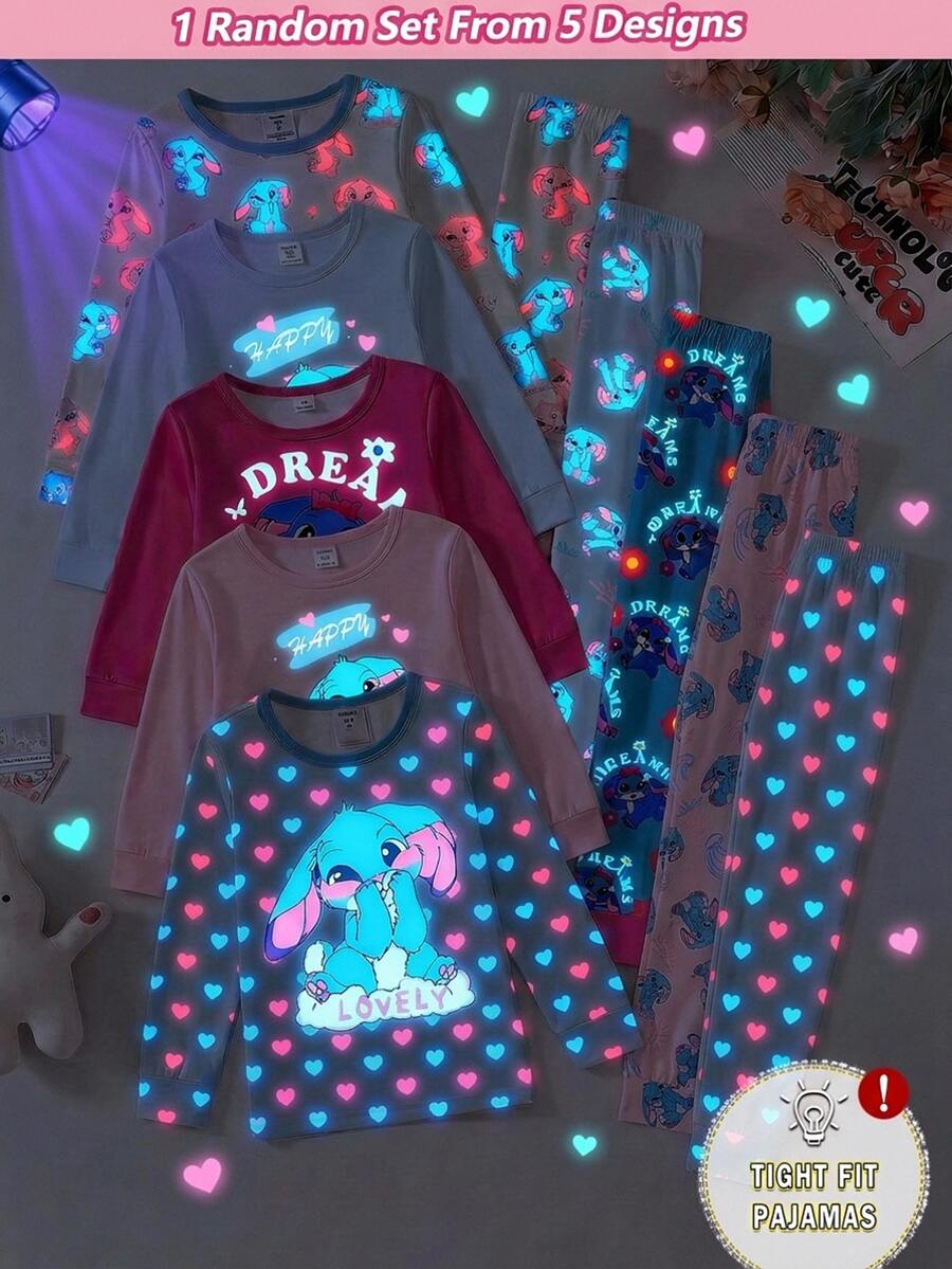 Cute Rabbit All-Over Print Blue & Red Series Long Sleeve Slim Fit Pajama Set, Autumn/Winter - Multicolor - View 1