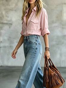 SHEIN Solid Light Pink Collared Long Sleeve Utility Shirt For Women, Double Chest Pocket Design, Loose Drop Shoulder Fit, Single-Breasted Button-Down Blouse, Versatile For Commuting And Casual Wear, Loose Long Sleeve Cardigan - Pink - View 7