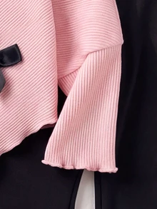 Souflis Souflis 女童針織蝴蝶結T恤套裝喇叭褲，不對稱長袖小高領修身派對秋季公主風舒適套裝 - 粉色 - 查看 9