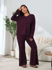 Solflare Setelan 2 Potong Sweater Lengan Panjang Warna Polos dan Celana Panjang Model Flare untuk Wanita Ukuran Besar Musim Gugur/Dingin Natal - Burgundy - View 4