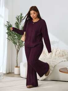 Solflare Setelan 2 Potong Sweater Lengan Panjang Warna Polos dan Celana Panjang Model Flare untuk Wanita Ukuran Besar Musim Gugur/Dingin Natal - Burgundy - View 5