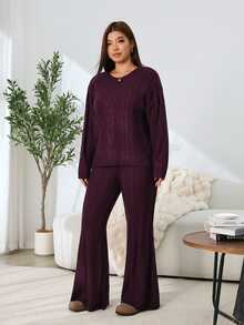 Solflare Setelan 2 Potong Sweater Lengan Panjang Warna Polos dan Celana Panjang Model Flare untuk Wanita Ukuran Besar Musim Gugur/Dingin Natal - Burgundy - View 3