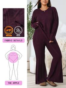 Solflare Setelan 2 Potong Sweater Lengan Panjang Warna Polos dan Celana Panjang Model Flare untuk Wanita Ukuran Besar Musim Gugur/Dingin Natal - Burgundy - View 1