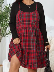 Solflare 大尺碼女款秋冬聖誕刷毛紅黑格紋面料百搭休閒層搭寬鬆吊帶洋裝，鄉村風可愛節慶洋裝 - 彩色 - 查看 3