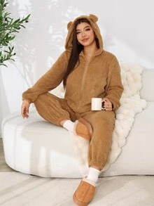 Solflare Plus Size Women's Autumn/Winter Brown Teddy Fleece Thick Long Sleeve Zipper Jumpsuit - Brown - View 5
