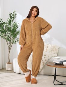 Solflare Plus Size Women's Autumn/Winter Brown Teddy Fleece Thick Long Sleeve Zipper Jumpsuit - Brown - View 3