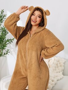 Solflare Plus Size Women's Autumn/Winter Brown Teddy Fleece Thick Long Sleeve Zipper Jumpsuit - Brown - View 4