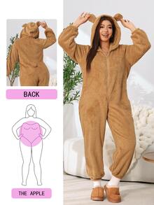 Solflare Plus Size Women's Autumn/Winter Brown Teddy Fleece Thick Long Sleeve Zipper Jumpsuit - Brown - View 2