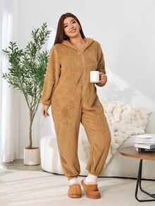 Solflare Plus Size Women's Autumn/Winter Brown Teddy Fleece Thick Long Sleeve Zipper Jumpsuit - Brown - View 6