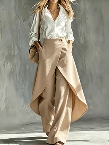 SHEIN Holidaya Women's Khaki Wrap Front Linen Wide Leg Pants Elegant Casual High Waist Trousers For Spring Summer Office Work V - Khaki - View 5