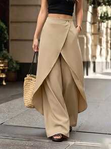 SHEIN Holidaya Women's Khaki Wrap Front Linen Wide Leg Pants Elegant Casual High Waist Trousers For Spring Summer Office Work V - Khaki - View 6