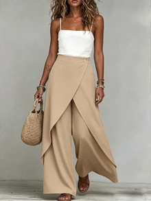 SHEIN Holidaya Women's Khaki Wrap Front Linen Wide Leg Pants Elegant Casual High Waist Trousers For Spring Summer Office Work V - Khaki - View 3
