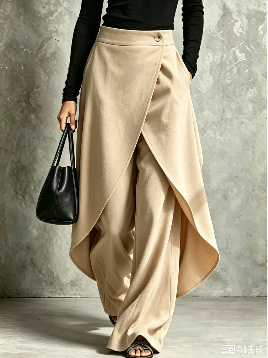 SHEIN Holidaya Women's Khaki Wrap Front Linen Wide Leg Pants Elegant Casual High Waist Trousers For Spring Summer Office Work V - Khaki - View 1